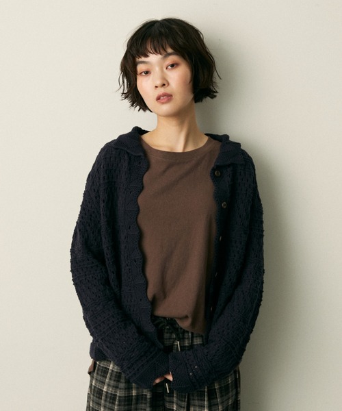 full/fill.(フルフィル)の「mix pattern knit shirt cardigan / ミックスパターンニットシャツカーディガン(ニット/セーター・レディース・アイボリー/ネイビー・FREE)」の1枚目の写真
