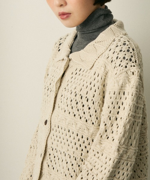 full/fill.(フルフィル)の「mix pattern knit shirt cardigan / ミックスパターンニットシャツカーディガン(ニット/セーター・レディース・アイボリー/ネイビー・FREE)」の6枚目の写真