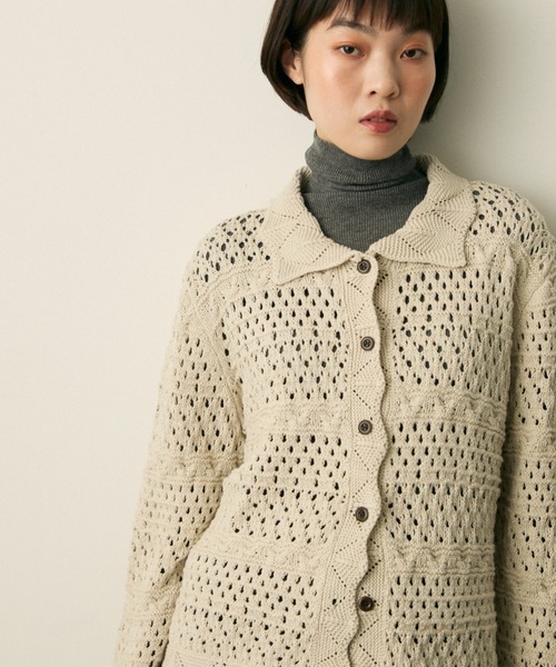 full/fill.(フルフィル)の「mix pattern knit shirt cardigan / ミックスパターンニットシャツカーディガン(ニット/セーター・レディース・アイボリー/ネイビー・FREE)」の4枚目の写真