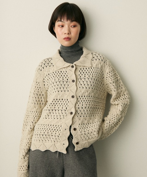 full/fill.(フルフィル)の「mix pattern knit shirt cardigan / ミックスパターンニットシャツカーディガン(ニット/セーター・レディース・アイボリー/ネイビー・FREE)」の3枚目の写真