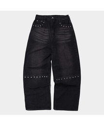 PLACE STUDIO | 切り替えラインリベットポイントワイドウォッシュドデニムパンツ[黒青](デニムパンツ)