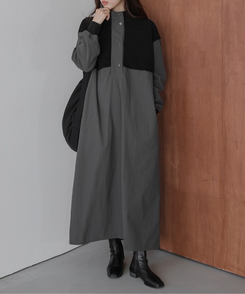 セール】異素材ドッキング裏起毛ワンピース（ワンピース）｜SUGAR