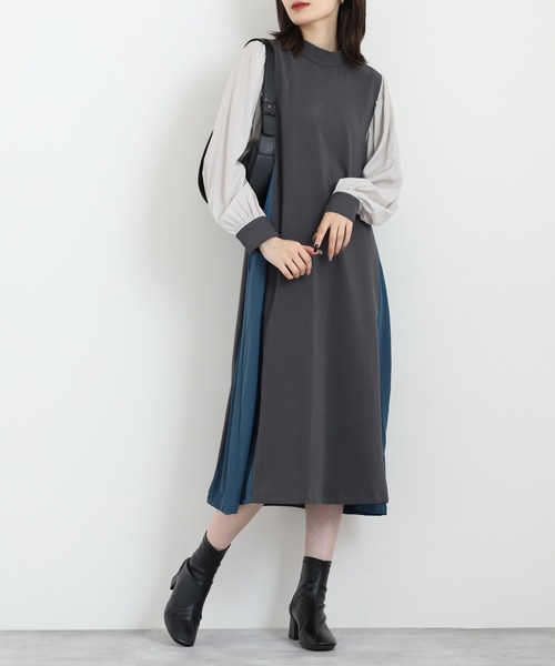 Anna Nicola(アンナニコラ)の「Anna Nicola 配色切替ワンピース(ワンピース・レディース・チャコールグレー/ブラック/モカ・38)」の1枚目の写真