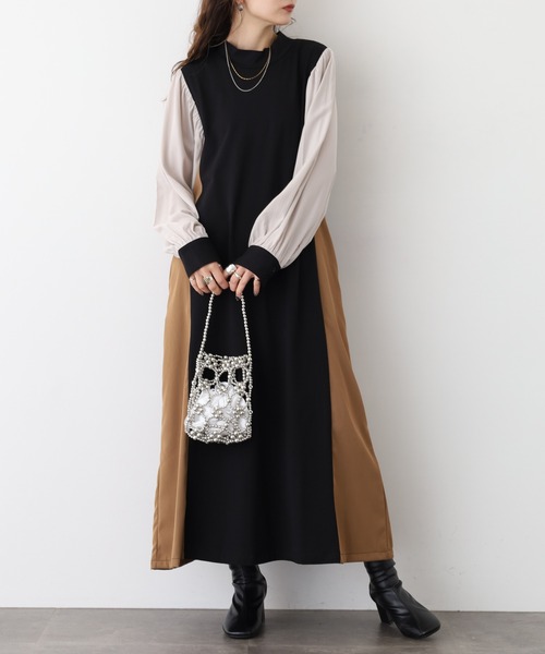 Anna Nicola(アンナニコラ)の「Anna Nicola 配色切替ワンピース(ワンピース・レディース・チャコールグレー/ブラック/モカ・38)」の4枚目の写真