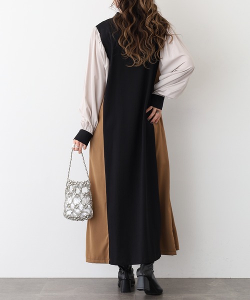 Anna Nicola(アンナニコラ)の「Anna Nicola 配色切替ワンピース(ワンピース・レディース・チャコールグレー/ブラック/モカ・38)」の6枚目の写真