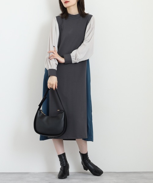 Anna Nicola(アンナニコラ)の「Anna Nicola 配色切替ワンピース(ワンピース・レディース・チャコールグレー/ブラック/モカ・38)」の8枚目の写真