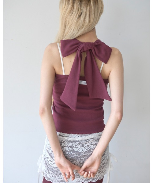 Smyeon(スミョン)の「Ribbon halter-neck top/リボンホルターネックカットソー(Tシャツ/カットソー・レディース・グレー/カーキ/ブラック/ホワイト/パープル/ミント・FREE)」の6枚目の写真