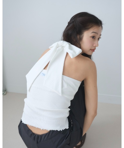 Ribbon halter-neck top/リボンホルターネックカットソー（Tシャツ