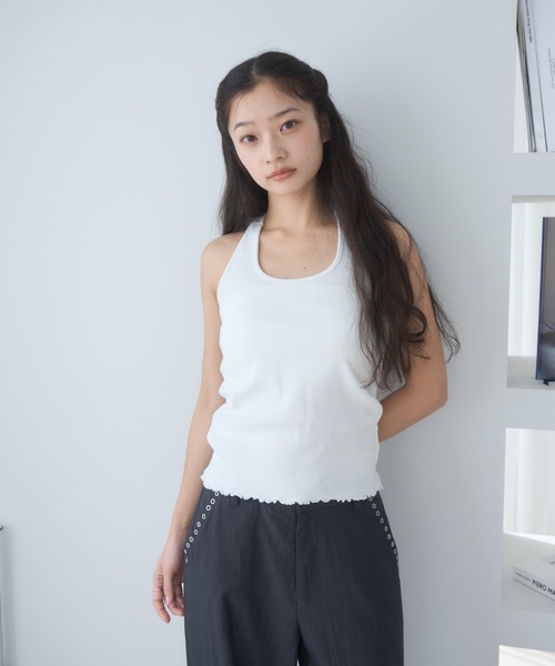 Smyeon(スミョン)の「Ribbon halter-neck top/リボンホルターネックカットソー(Tシャツ/カットソー・レディース・グレー/カーキ/ブラック/ホワイト/パープル/ミント・FREE)」の9枚目の写真