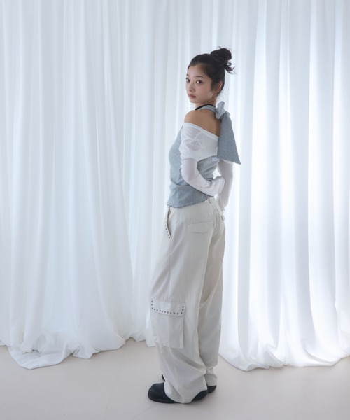 Smyeon(スミョン)の「Ribbon halter-neck top/リボンホルターネックカットソー(Tシャツ/カットソー・レディース・グレー/カーキ/ブラック/ホワイト/パープル/ミント・FREE)」の18枚目の写真