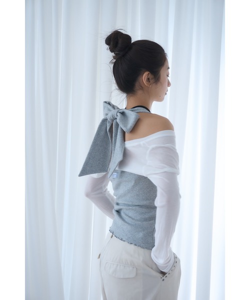 Smyeon(スミョン)の「Ribbon halter-neck top/リボンホルターネックカットソー(Tシャツ/カットソー・レディース・グレー/カーキ/ブラック/ホワイト/パープル/ミント・FREE)」の15枚目の写真