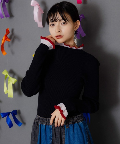 ScoLar（スカラー）の「153756：シアー×ニット 切替トップス（ニット/セーター・レディース・杢グレー/レッド/ブラック・M）」の4枚目の写真