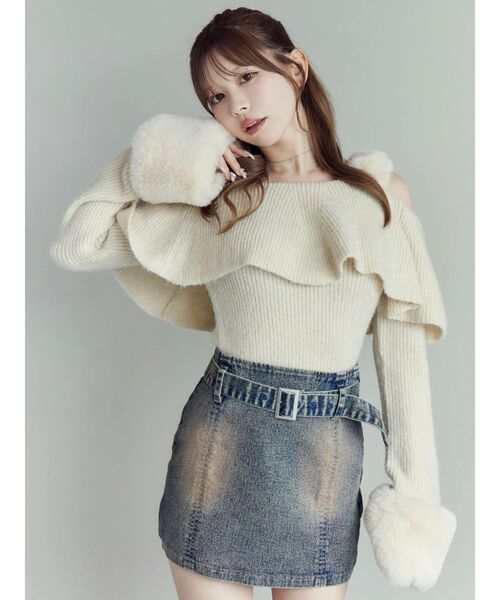 セール】フェイクファーストラップオフショルダーリブニット（ニット