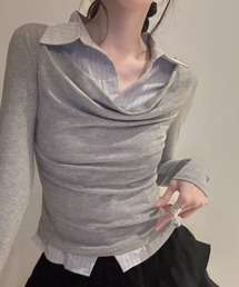 春服 フェイクレイヤードデザインシャツ風トップス