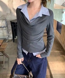 春服 フェイクレイヤードデザインシャツ風トップス