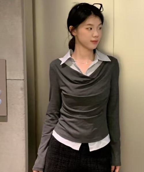 Lis ardent(リスアルダン)の「春服 フェイクレイヤードデザインシャツ風トップス(シャツ/ブラウス・レディース・ライトグレー/ダークグレー・M)」の4枚目の写真
