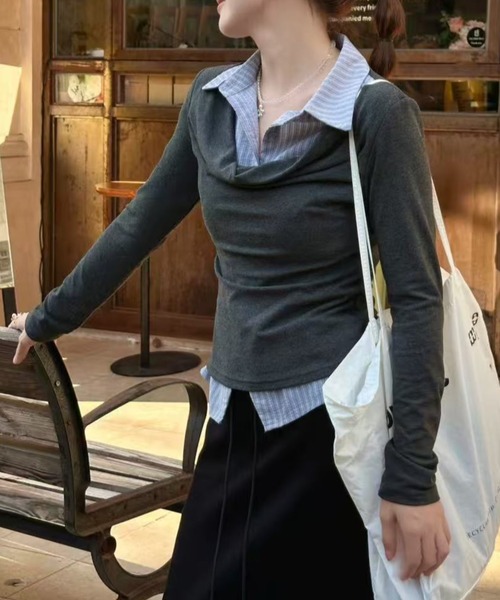 Lis ardent(リスアルダン)の「春服 フェイクレイヤードデザインシャツ風トップス(シャツ/ブラウス・レディース・ライトグレー/ダークグレー・M)」の3枚目の写真