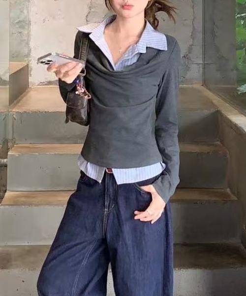 Lis ardent(リスアルダン)の「春服 フェイクレイヤードデザインシャツ風トップス(シャツ/ブラウス・レディース・ライトグレー/ダークグレー・M)」の6枚目の写真