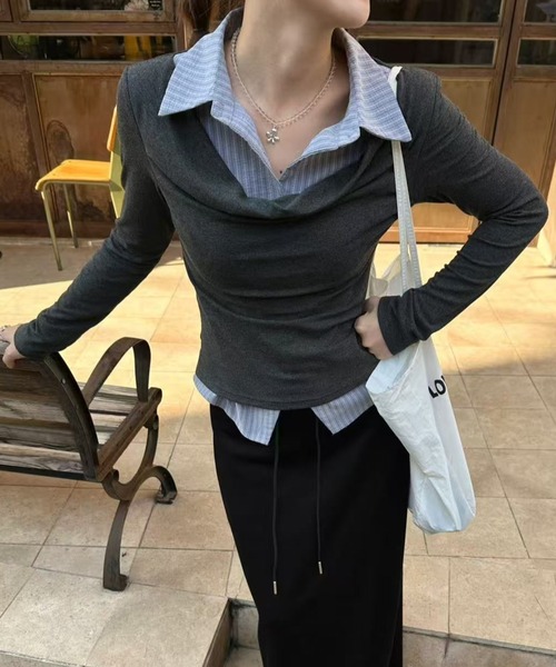 Lis ardent(リスアルダン)の「春服 フェイクレイヤードデザインシャツ風トップス(シャツ/ブラウス・レディース・ライトグレー/ダークグレー・M)」の11枚目の写真
