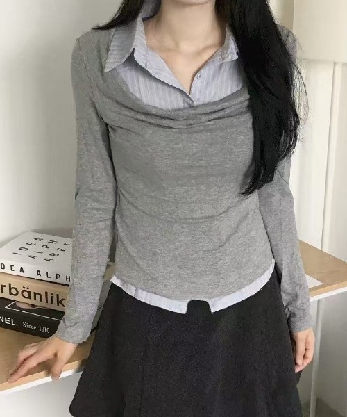 Lis ardent(リスアルダン)の「春服 フェイクレイヤードデザインシャツ風トップス(シャツ/ブラウス・レディース・ライトグレー/ダークグレー・M)」の17枚目の写真