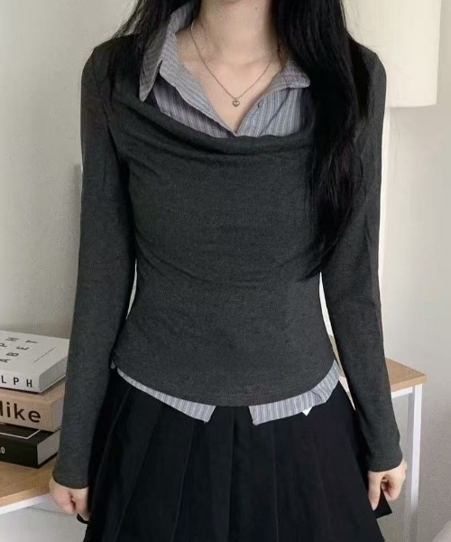 Lis ardent(リスアルダン)の「春服 フェイクレイヤードデザインシャツ風トップス(シャツ/ブラウス・レディース・ライトグレー/ダークグレー・M)」の19枚目の写真