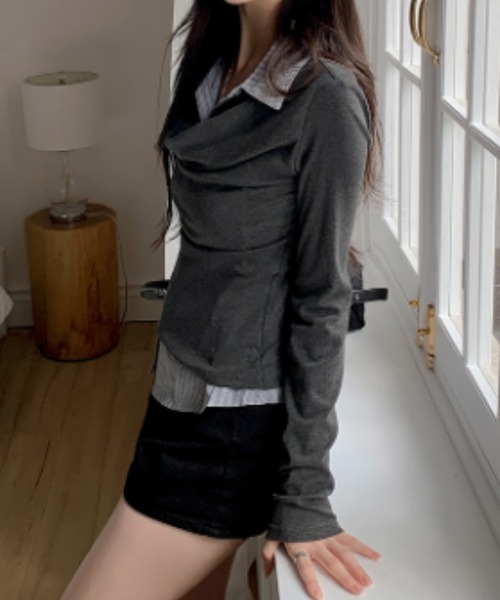 Lis ardent(リスアルダン)の「春服 フェイクレイヤードデザインシャツ風トップス(シャツ/ブラウス・レディース・ライトグレー/ダークグレー・M)」の12枚目の写真