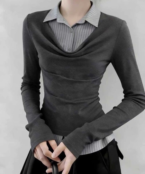 Lis ardent(リスアルダン)の「春服 フェイクレイヤードデザインシャツ風トップス(シャツ/ブラウス・レディース・ライトグレー/ダークグレー・M)」の20枚目の写真