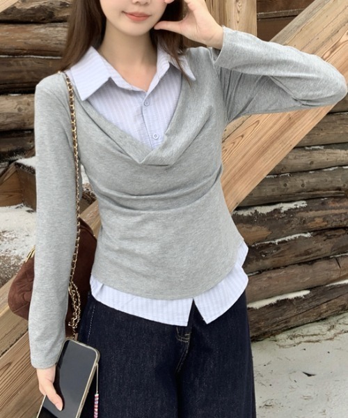 Lis ardent(リスアルダン)の「春服 フェイクレイヤードデザインシャツ風トップス(シャツ/ブラウス・レディース・ライトグレー/ダークグレー・M)」の13枚目の写真