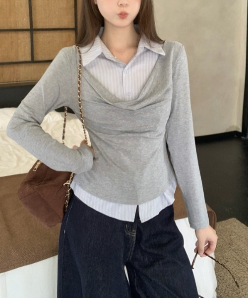 Lis ardent(リスアルダン)の「春服 フェイクレイヤードデザインシャツ風トップス(シャツ/ブラウス・レディース・ライトグレー/ダークグレー・M)」の14枚目の写真