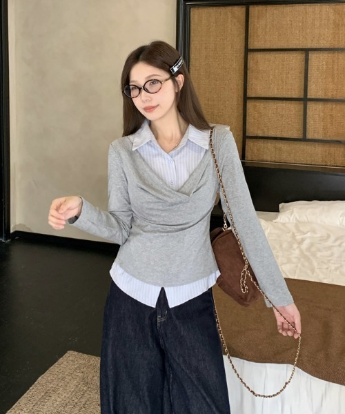 Lis ardent(リスアルダン)の「春服 フェイクレイヤードデザインシャツ風トップス(シャツ/ブラウス・レディース・ライトグレー/ダークグレー・M)」の16枚目の写真
