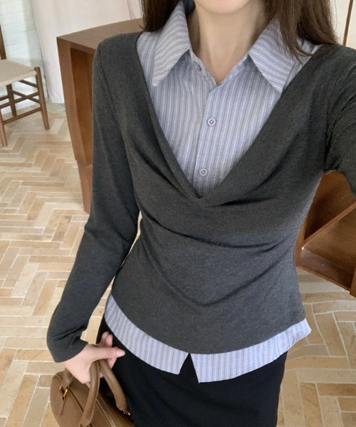Lis ardent(リスアルダン)の「春服 フェイクレイヤードデザインシャツ風トップス(シャツ/ブラウス・レディース・ライトグレー/ダークグレー・M)」の8枚目の写真