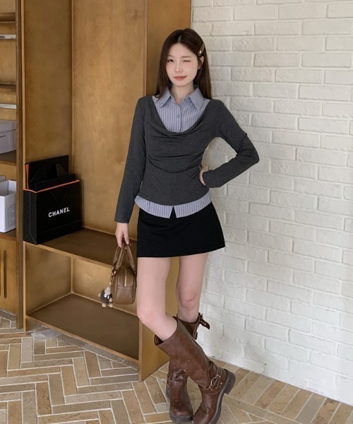 Lis ardent(リスアルダン)の「春服 フェイクレイヤードデザインシャツ風トップス(シャツ/ブラウス・レディース・ライトグレー/ダークグレー・M)」の9枚目の写真