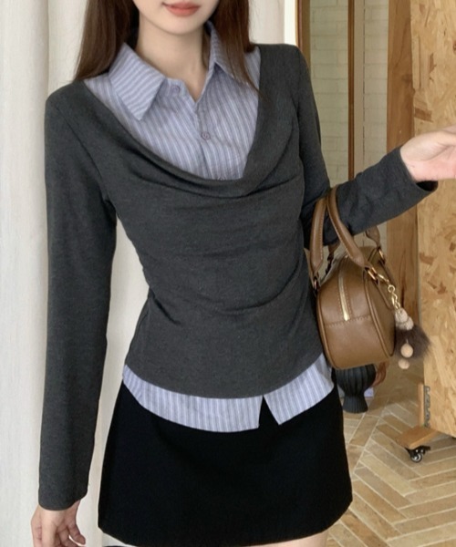 Lis ardent(リスアルダン)の「春服 フェイクレイヤードデザインシャツ風トップス(シャツ/ブラウス・レディース・ライトグレー/ダークグレー・M)」の7枚目の写真