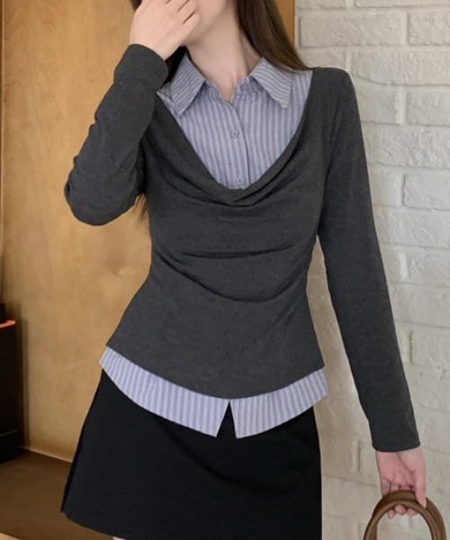 Lis ardent(リスアルダン)の「春服 フェイクレイヤードデザインシャツ風トップス(シャツ/ブラウス・レディース・ライトグレー/ダークグレー・M)」の10枚目の写真