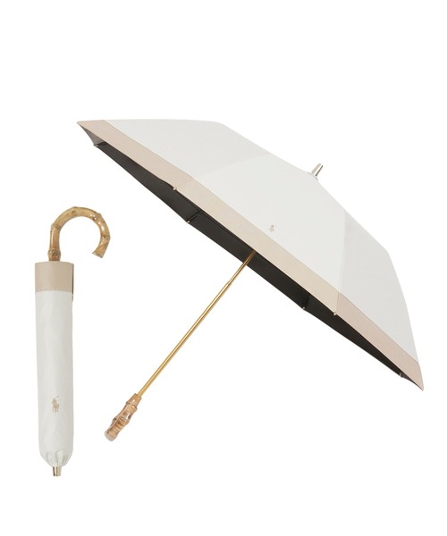 POLO RALPH LAUREN(ポロ ラルフ ローレン)の「【WEB限定】遮光100% 晴雨兼用 折りたたみ日傘 竹手元 切り継ぎ ”ワンポイント”(折りたたみ傘・レディース・ベージュ/ネイビー/ホワイト×ネイビー/オフホワイト・FREE)」の2枚目の写真