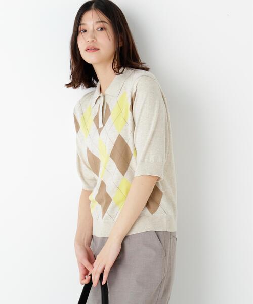 human woman（ヒューマンウーマン）の「◆【ウォッシャブル】アーガイル柄ポロニット（ニット/セーター・レディース・ホワイト系その他/ネイビー・MEDIUM）」の2枚目の写真