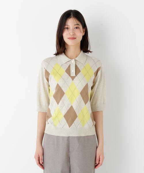 human woman（ヒューマンウーマン）の「◆【ウォッシャブル】アーガイル柄ポロニット（ニット/セーター・レディース・ホワイト系その他/ネイビー・MEDIUM）」の7枚目の写真