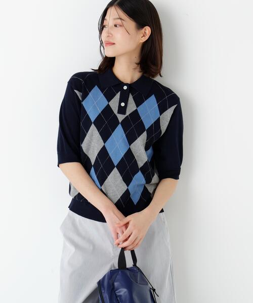 human woman（ヒューマンウーマン）の「◆【ウォッシャブル】アーガイル柄ポロニット（ニット/セーター・レディース・ホワイト系その他/ネイビー・MEDIUM）」の12枚目の写真
