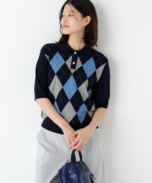 human woman（ヒューマンウーマン）の「◆【ウォッシャブル】アーガイル柄ポロニット（ニット/セーター・レディース・ホワイト系その他/ネイビー・MEDIUM）」の4枚目の写真