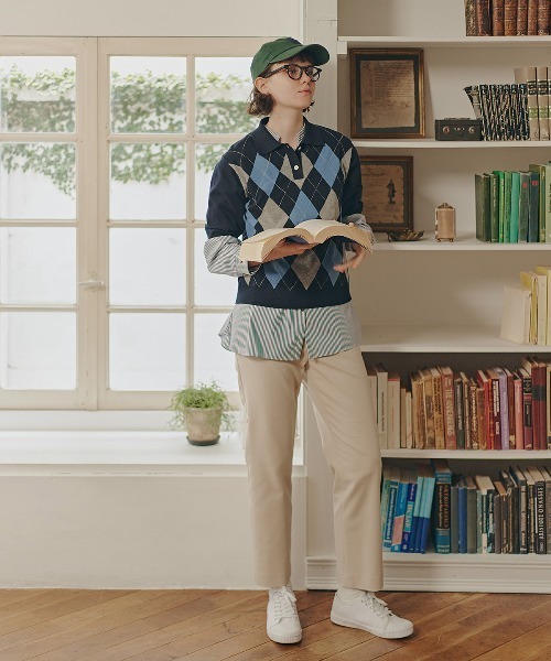 human woman（ヒューマンウーマン）の「◆【ウォッシャブル】アーガイル柄ポロニット（ニット/セーター・レディース・ホワイト系その他/ネイビー・MEDIUM）」の3枚目の写真
