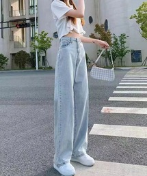 【新作登場】レディース ワイドデニム ストレート きれいめ 脚長効果オフィスカジュアル ハイライズ