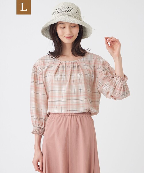 TRANS WORK(トランスワーク)の「【L】【ウォッシャブル】シアーチェックプリントブラウス(シャツ/ブラウス・レディース・ベージュ/ネイビー・44)」の2枚目の写真