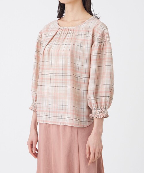 TRANS WORK(トランスワーク)の「【L】【ウォッシャブル】シアーチェックプリントブラウス(シャツ/ブラウス・レディース・ベージュ/ネイビー・44)」の6枚目の写真