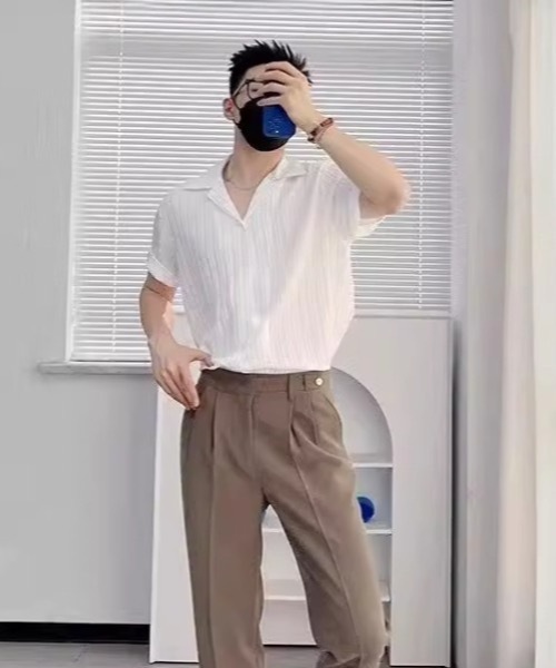 SHEPP（シープ）の「【UNISEX】リブプリーツ オープンカラー ルーズシャツ（シャツ/ブラウス・メンズ・ホワイト/ブラック・L/M）」の8枚目の写真