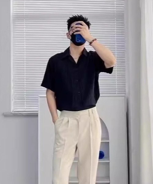 SHEPP（シープ）の「【UNISEX】リブプリーツ オープンカラー ルーズシャツ（シャツ/ブラウス・メンズ・ホワイト/ブラック・L/M）」の13枚目の写真