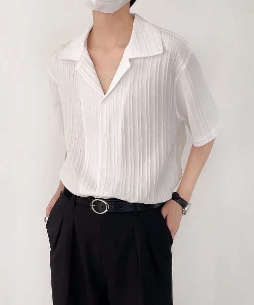 SHEPP（シープ）の「【UNISEX】リブプリーツ オープンカラー ルーズシャツ（シャツ/ブラウス・メンズ・ホワイト/ブラック・L/M）」の5枚目の写真