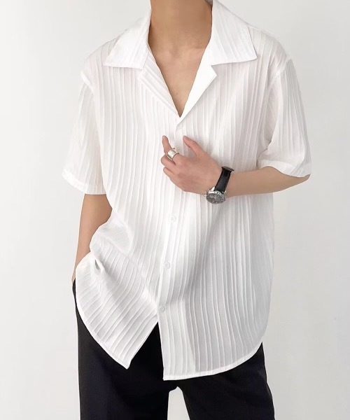 SHEPP（シープ）の「【UNISEX】リブプリーツ オープンカラー ルーズシャツ（シャツ/ブラウス・メンズ・ホワイト/ブラック・L/M）」の4枚目の写真