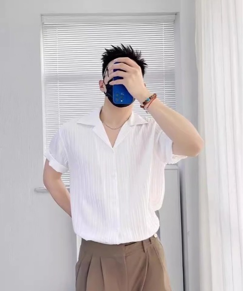 SHEPP（シープ）の「【UNISEX】リブプリーツ オープンカラー ルーズシャツ（シャツ/ブラウス・メンズ・ホワイト/ブラック・L/M）」の7枚目の写真