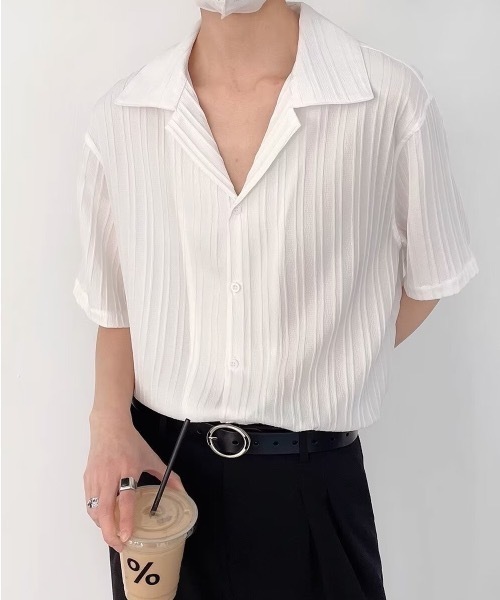 SHEPP（シープ）の「【UNISEX】リブプリーツ オープンカラー ルーズシャツ（シャツ/ブラウス・メンズ・ホワイト/ブラック・L/M）」の6枚目の写真