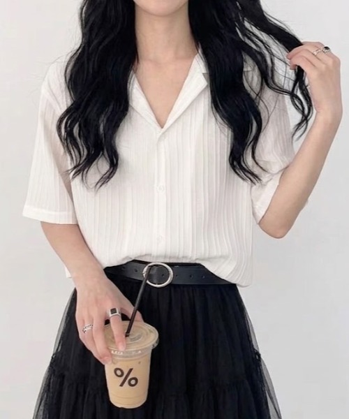 SHEPP（シープ）の「【UNISEX】リブプリーツ オープンカラー ルーズシャツ（シャツ/ブラウス・メンズ・ホワイト/ブラック・L/M）」の3枚目の写真